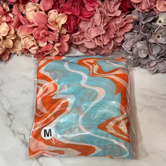 Retro 3 Pcs Set Orange Blue White Psychedelic Bikini & Coverup - Picture 14 of 15